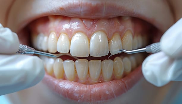 A dentist is cleaning a patient's teeth with a dental pick by AI generated image.