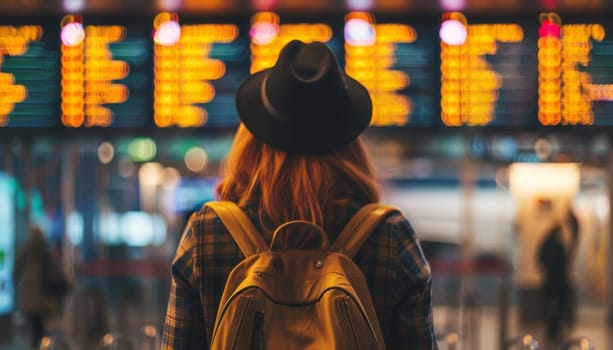 A woman with a backpack is standing in front of a large airport screen by AI generated image.