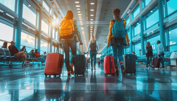 A group of people are walking through an airport with their luggage by AI generated image.