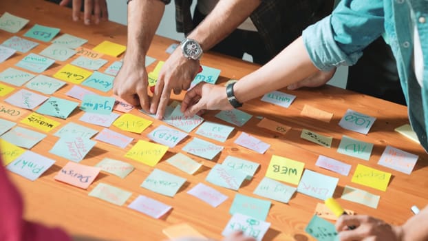 Close up of developer team using mind map to brainstorm idea. Top view of skilled group of business people working together writing marketing strategy by using markers and sticky notes. Symposium.