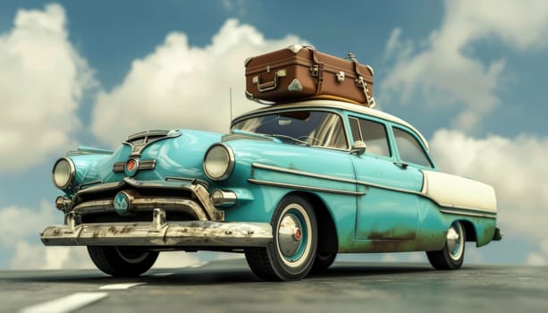 A blue car with luggage on top of it is parked on a beach by AI generated image.