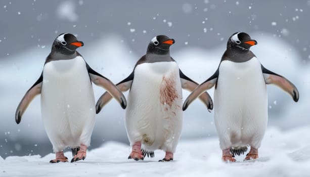 Three penguins standing on a snowy surface by AI generated image.