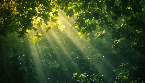 A bright sunny day in a forest with a lot of sunlight shining through the trees by AI generated image.