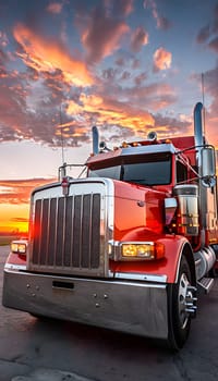 A red semi truck with its automotive parking lights on is parked on the side of the road at sunset, against a backdrop of clouds in the sky