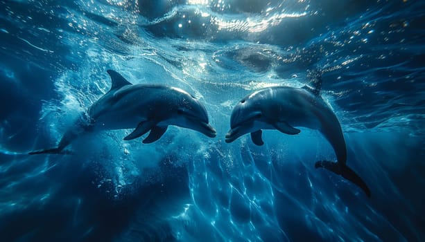 Two dolphins swimming in the ocean by AI generated image.