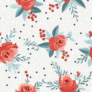 Seamless pattern, tileable Christmas holiday floral, country flowers dots print, English countryside roses for wallpaper, wrapping paper, scrapbook, fabric and product design motif