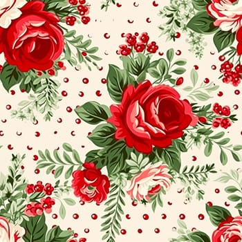 Seamless pattern, tileable Christmas holiday floral, country flowers dots print, English countryside roses for wallpaper, wrapping paper, scrapbook, fabric and product design motif