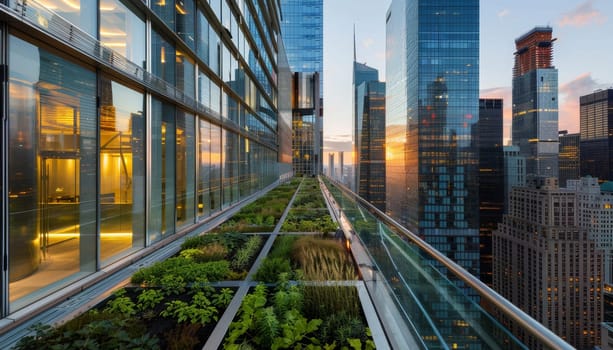 A cityscape with a glass roof and a green garden by AI generated image.