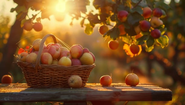 A basket of fruit is on a table in a garden by AI generated image.