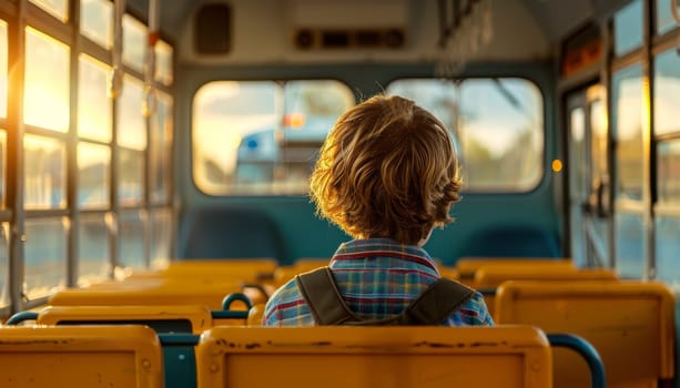A young girl sits in the back of a school bus by AI generated image.