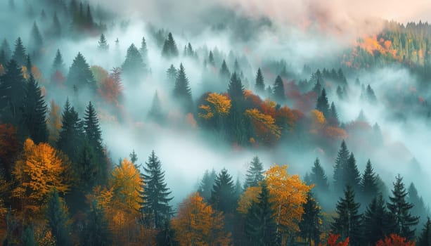 A foggy forest with trees in autumn colors by AI generated image.