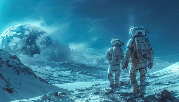 Two astronauts are walking on a snowy surface by AI generated image.