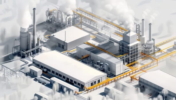 A factory with a lot of pipes and smoke coming out of it by AI generated image.