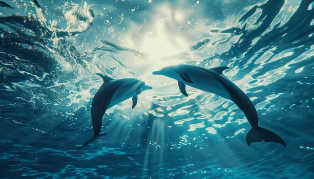 Two dolphins swimming in the ocean by AI generated image.