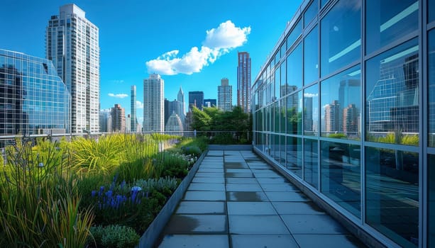 A cityscape with a glass roof and a green garden by AI generated image.