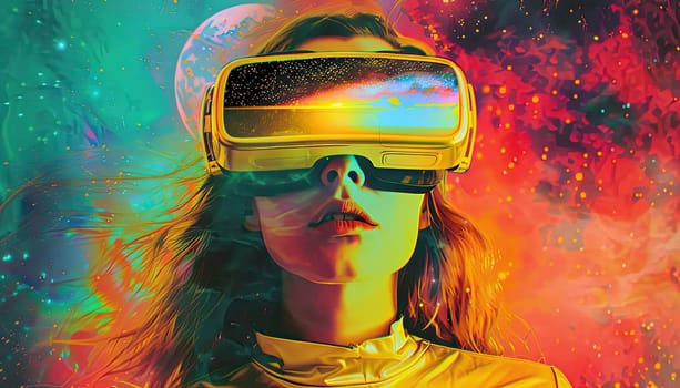 A woman wearing a virtual reality headset is looking at a starry sky by AI generated image.