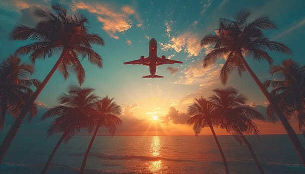 A plane is flying over a tropical forest with palm trees by AI generated image.