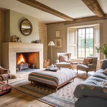 Cottage interior with modern design and antique furniture, home decor, sitting room and living room, sofa and fireplace in English country house and countryside style interiors