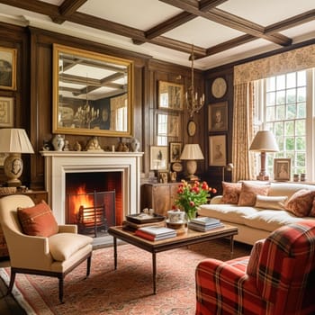 Cottage interior with modern design and antique furniture, home decor, sitting room and living room, sofa and fireplace in English country house and countryside style interiors