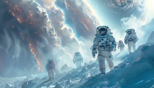 Three astronauts are in space, one of them is wearing a NASA suit by AI generated image.