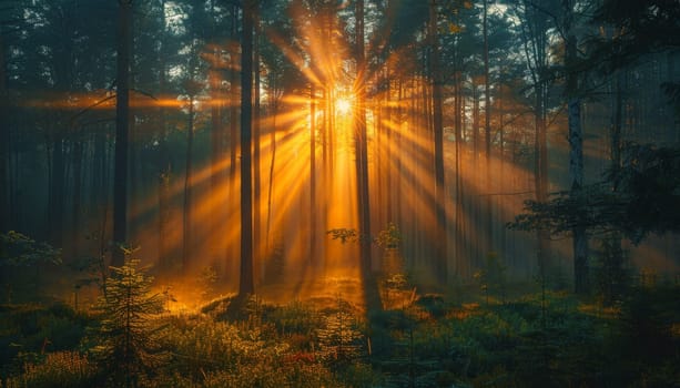 A forest with a sun shining through the trees by AI generated image.