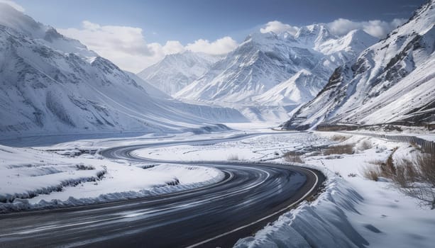 A snowy mountain range with a road in the middle by AI generated image.