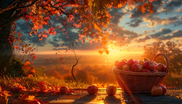 A basket of apples sits on a wooden table in front of a tree with leaves falling by AI generated image.