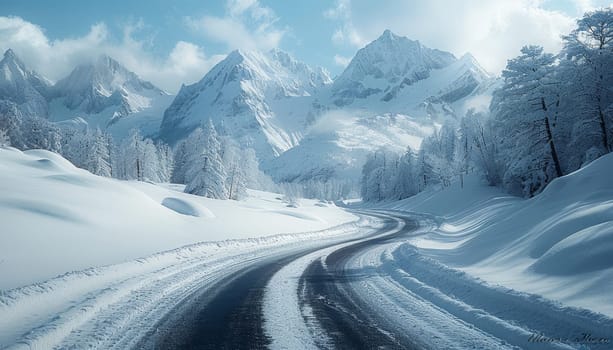 A snowy mountain range with a road in the middle by AI generated image.