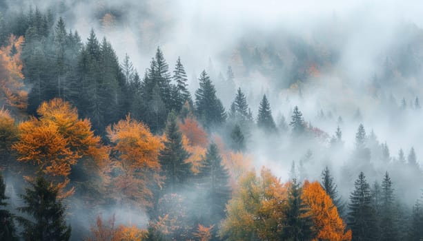 A foggy forest with trees in autumn colors by AI generated image.