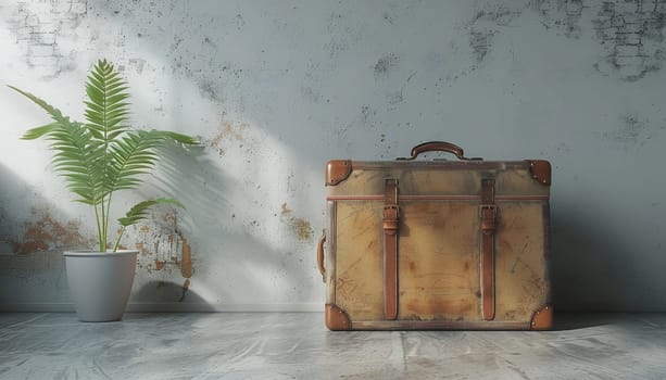 A suitcase sits on a floor next to a potted plant by AI generated image.