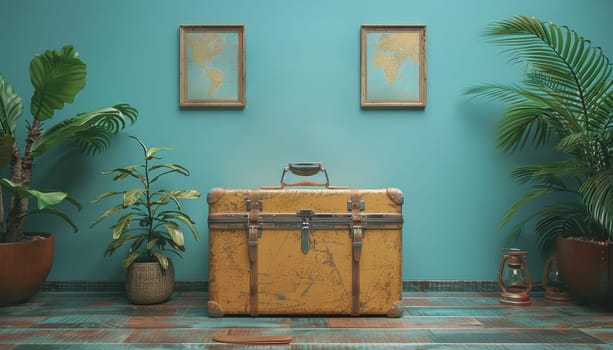 A suitcase sits on a floor next to a potted plant by AI generated image.