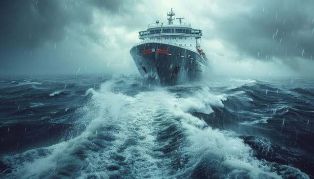 A large ship is in the middle of a stormy sea by AI generated image.