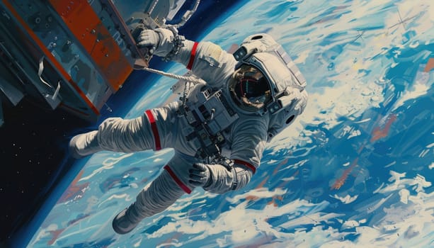 A man in a spacesuit is floating in space by AI generated image.