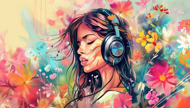 A woman wearing headphones is surrounded by flowers by AI generated image.