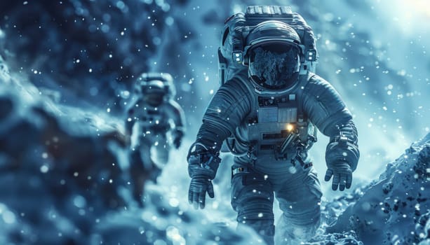 Two astronauts are walking on a snowy surface by AI generated image.