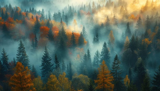 A foggy forest with trees in autumn colors by AI generated image.