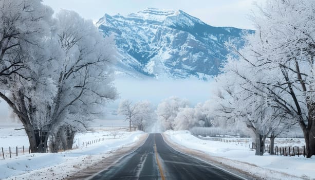 A snowy road with a mountain in the background by AI generated image.