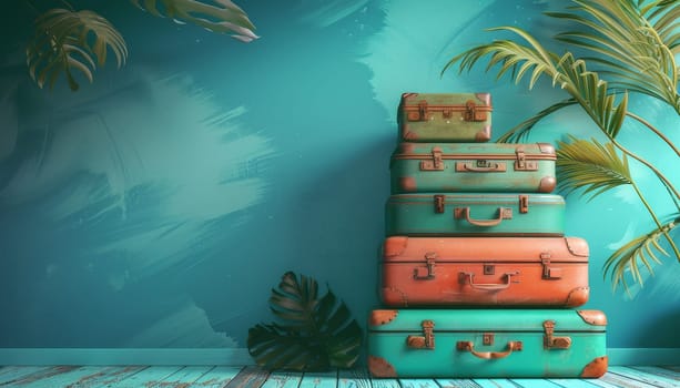 Three suitcases are stacked on top of each other in front of a green wall by AI generated image.