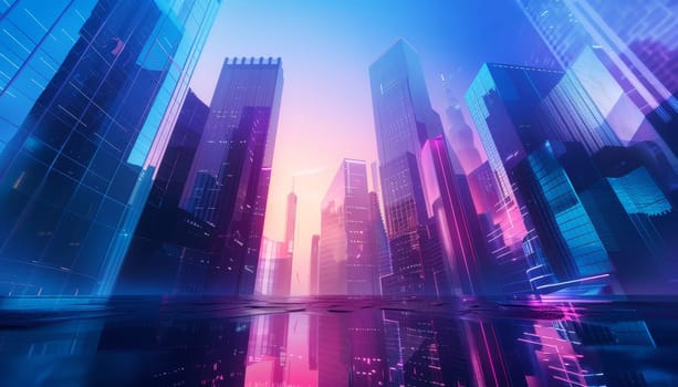 A cityscape with a bright blue sky and neon lights by AI generated image.