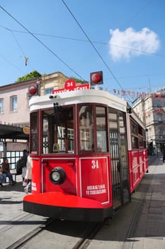 turkey Istanbul 12 may 2023. Nostalgic red tram in Taksim Square.