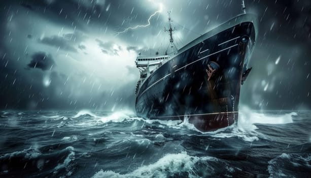 A large ship is in the middle of a stormy sea by AI generated image.