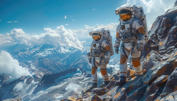 Two astronauts are walking on a snowy surface by AI generated image.