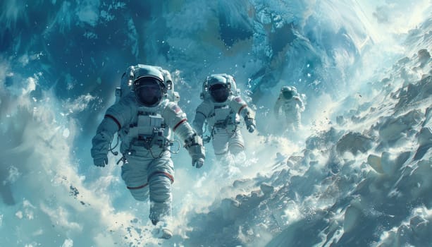 Three astronauts are in space, one of them is wearing a NASA suit by AI generated image.