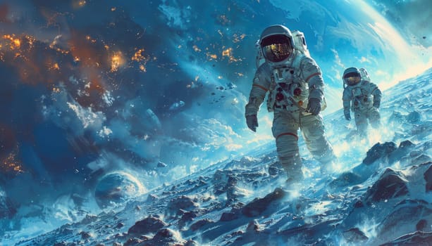 Two astronauts are walking on a snowy surface by AI generated image.