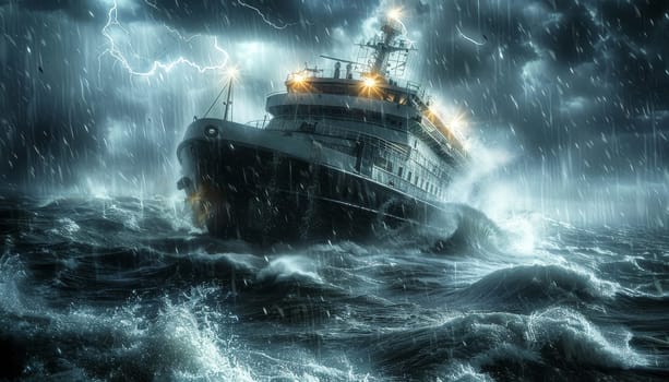 A large ship is in the middle of a stormy sea by AI generated image.