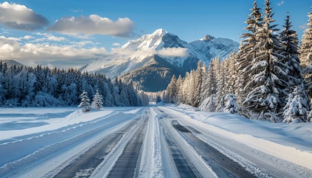 A snowy road with a mountain in the background by AI generated image.