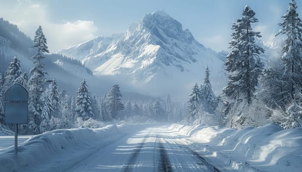 A snowy road with a mountain in the background by AI generated image.