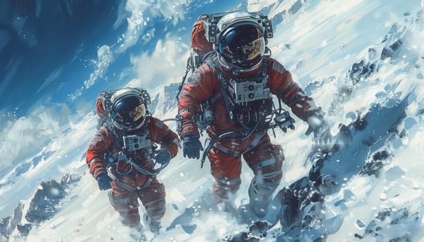 Two astronauts are walking on a snowy surface by AI generated image.