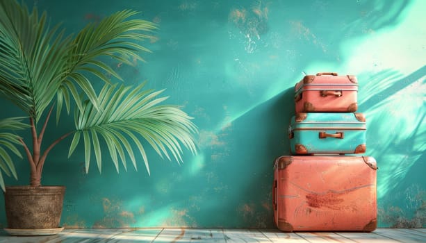 Three suitcases are stacked on top of each other in front of a green wall by AI generated image.