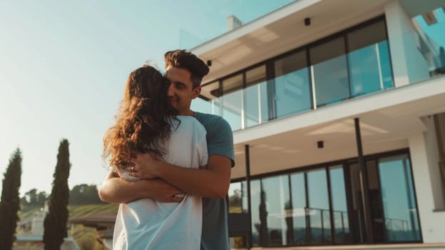 Couple embracing in front of their new big modern house, Buying your dream home concept.